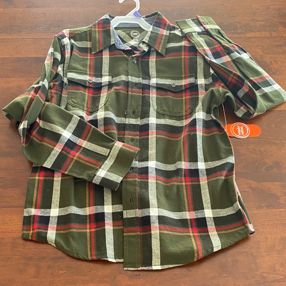 Outdoor Life Green Plaid Button Down Shirt - size Boys XL